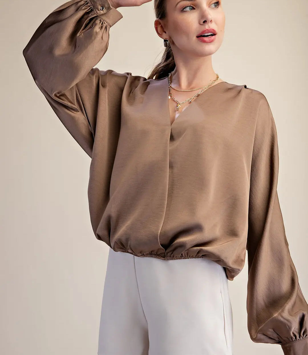 Glam Mocha V-Neck Wrap Longsleeve Blouse