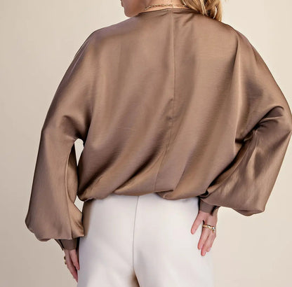 Glam Mocha V-Neck Wrap Longsleeve Blouse