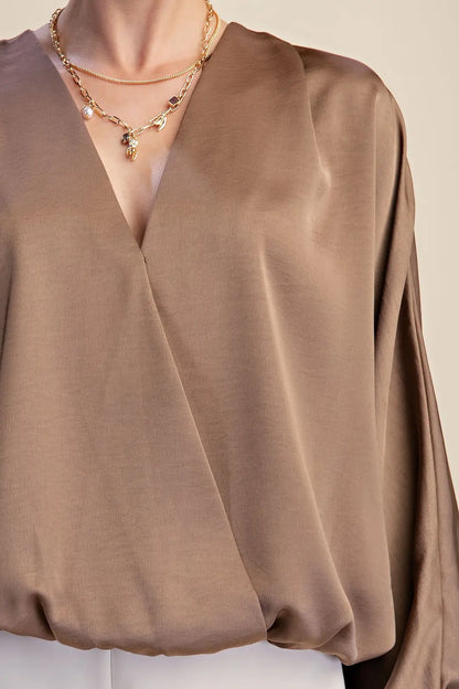 Glam Mocha V-Neck Wrap Longsleeve Blouse