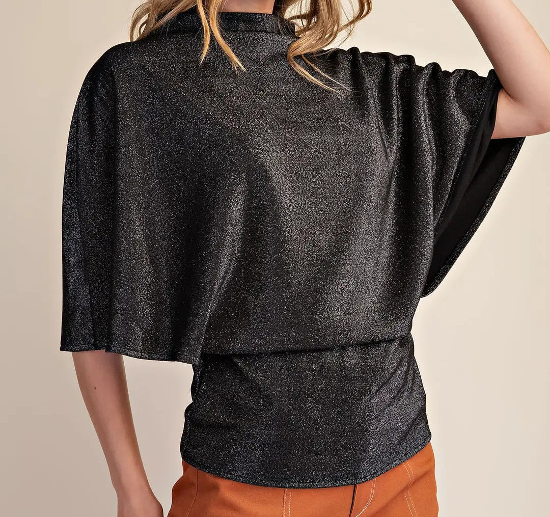 Glam Black Mock Neck Wide Sleeve Stretchy Top