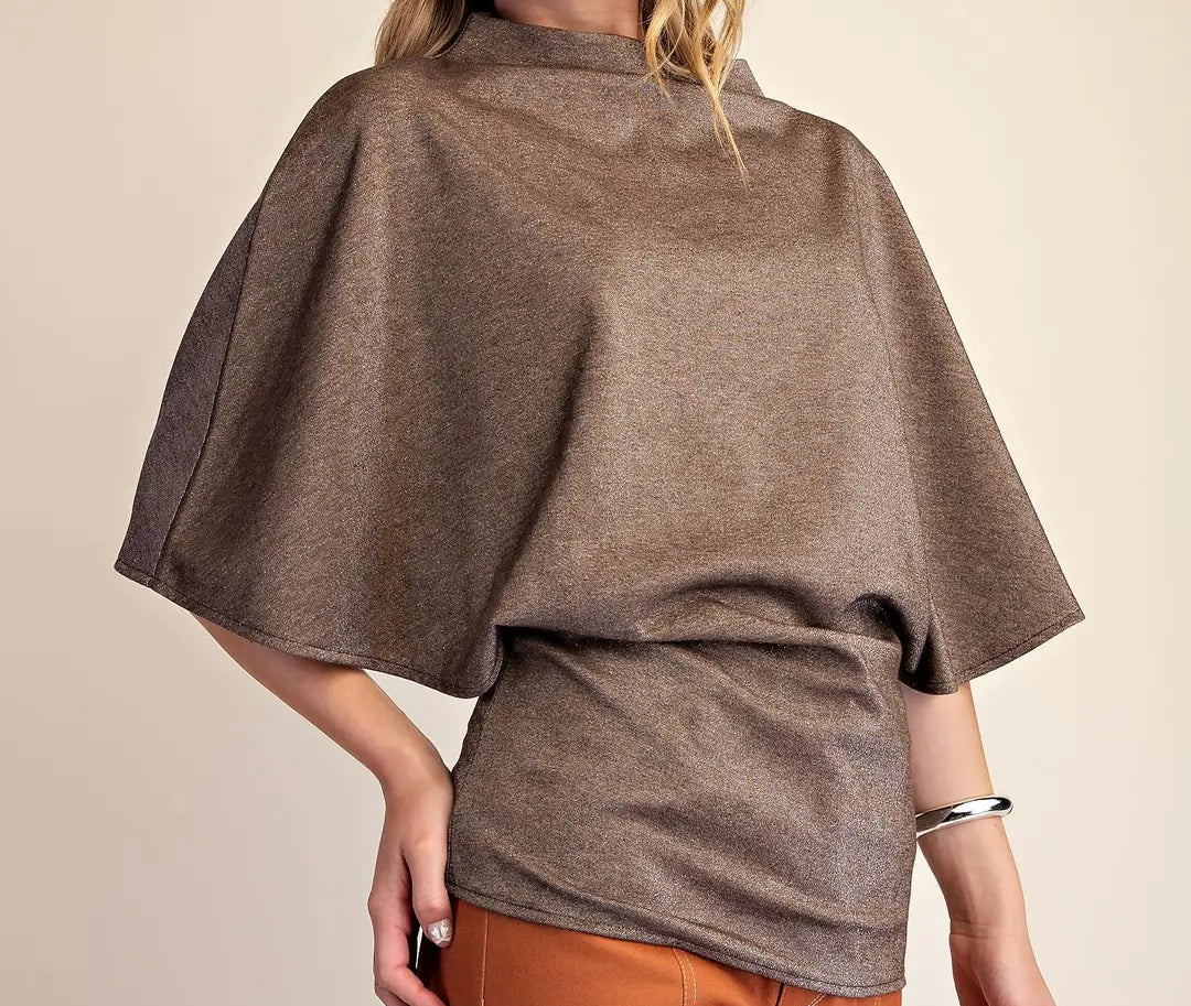 Glam Brown Mock Neck Wide Sleeve Stretchy Top