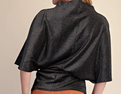 Glam Black Mock Neck Wide Sleeve Stretchy Top