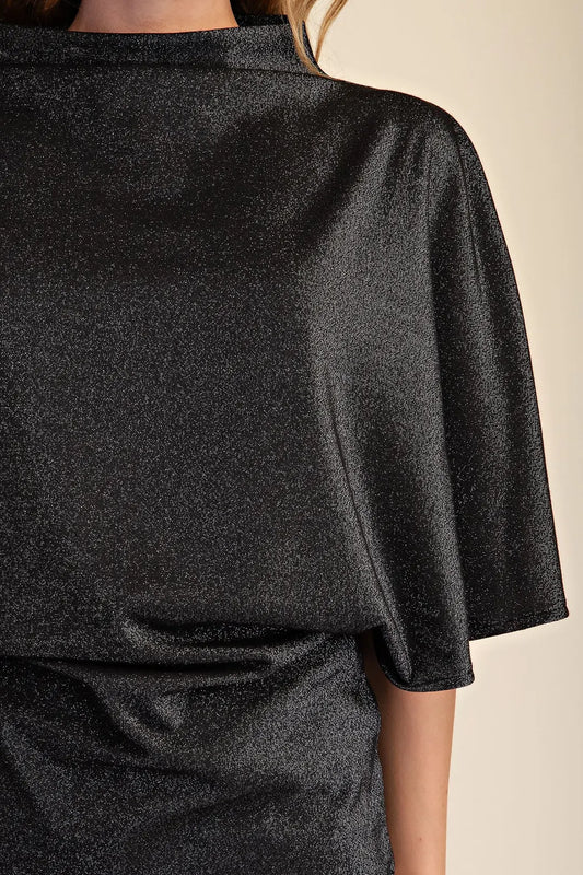 Glam Black Mock Neck Wide Sleeve Stretchy Top