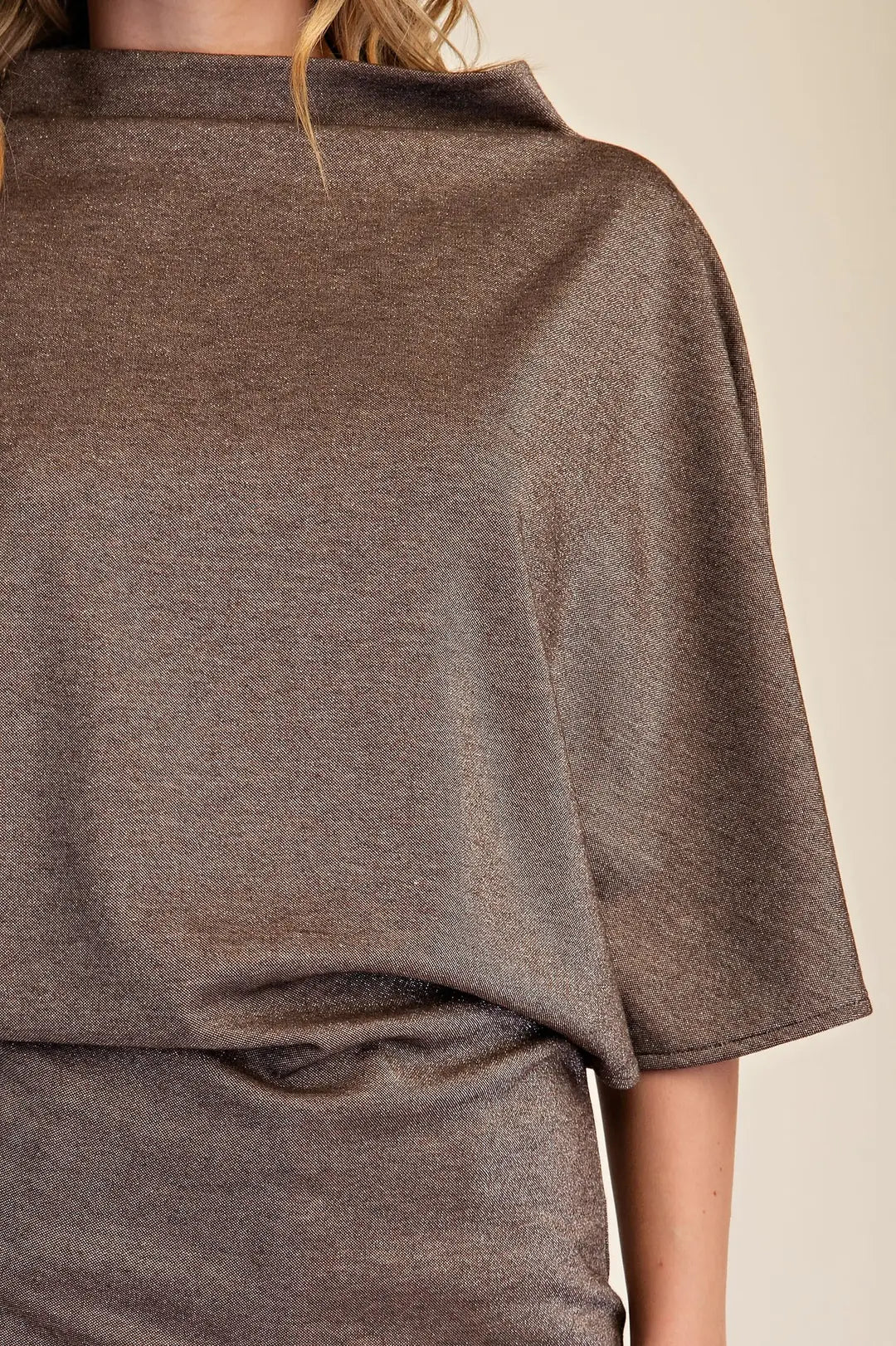 Glam Brown Mock Neck Wide Sleeve Stretchy Top