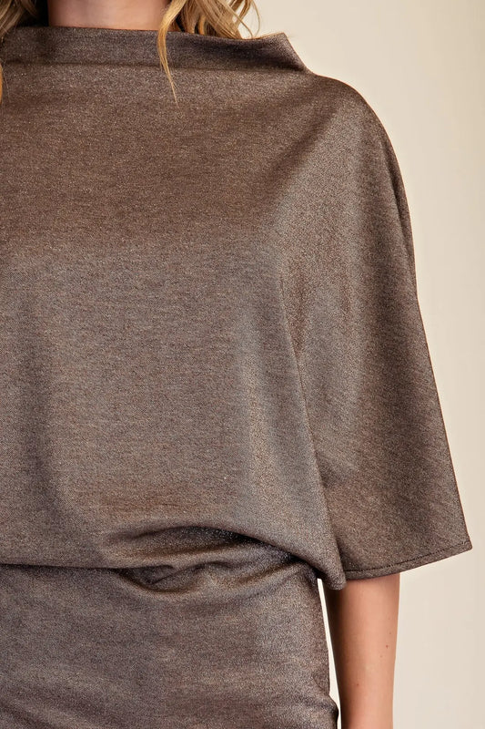 Glam Brown Mock Neck Wide Sleeve Stretchy Top