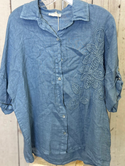 Made in Italy Collared Linen Blouse with Flower Detail