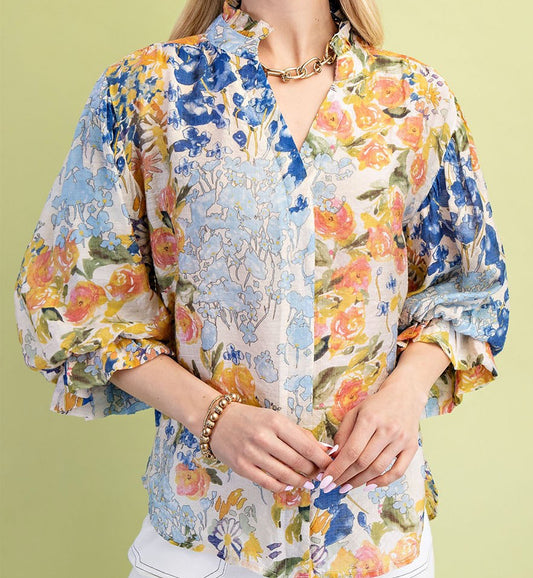 Gigio Plus Size Floral Printed Button Down Top with 3/4 Length Gathered Balloon Sleeves