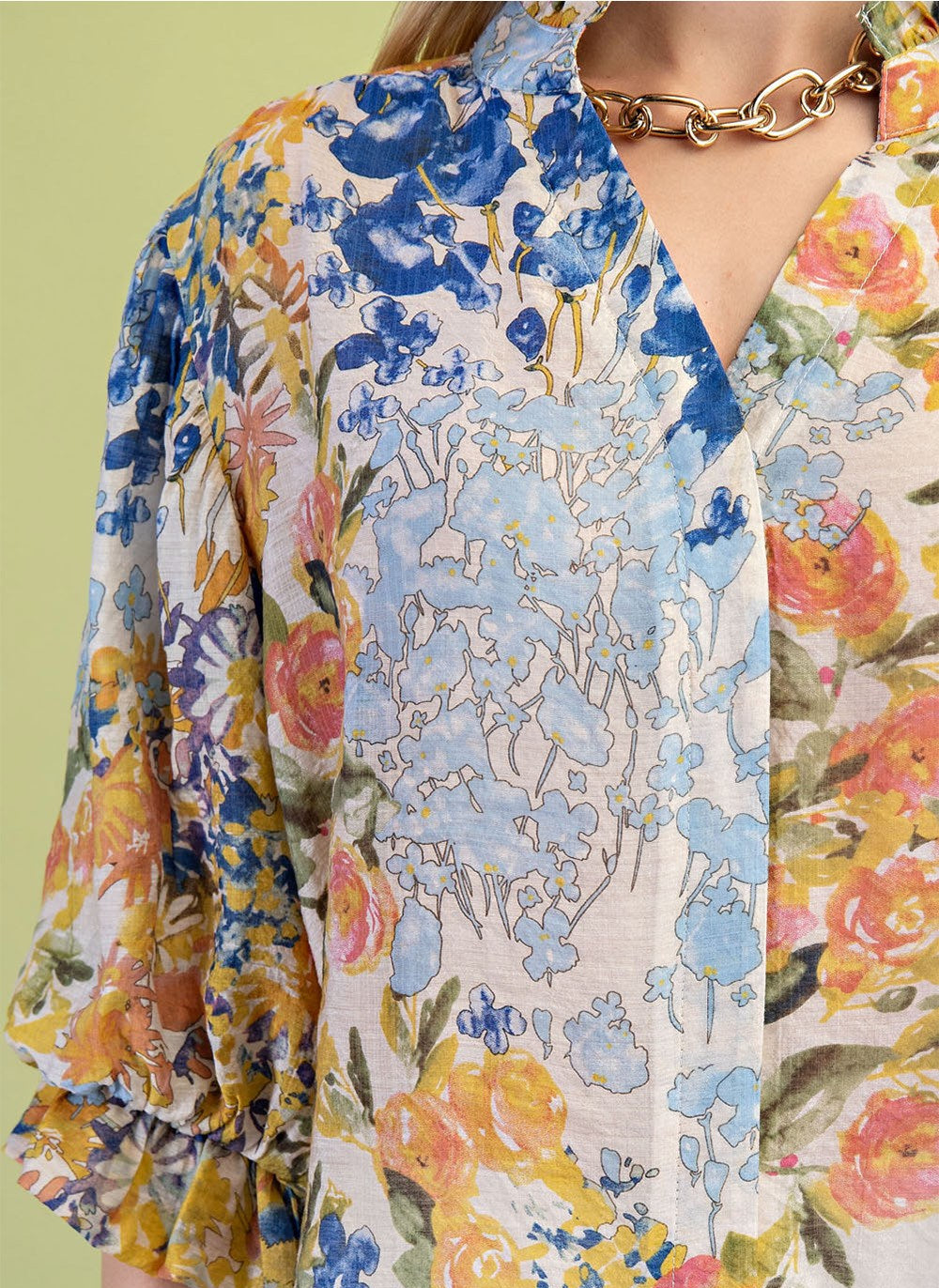 Gigio Plus Size Floral Printed Button Down Top with 3/4 Length Gathered Balloon Sleeves