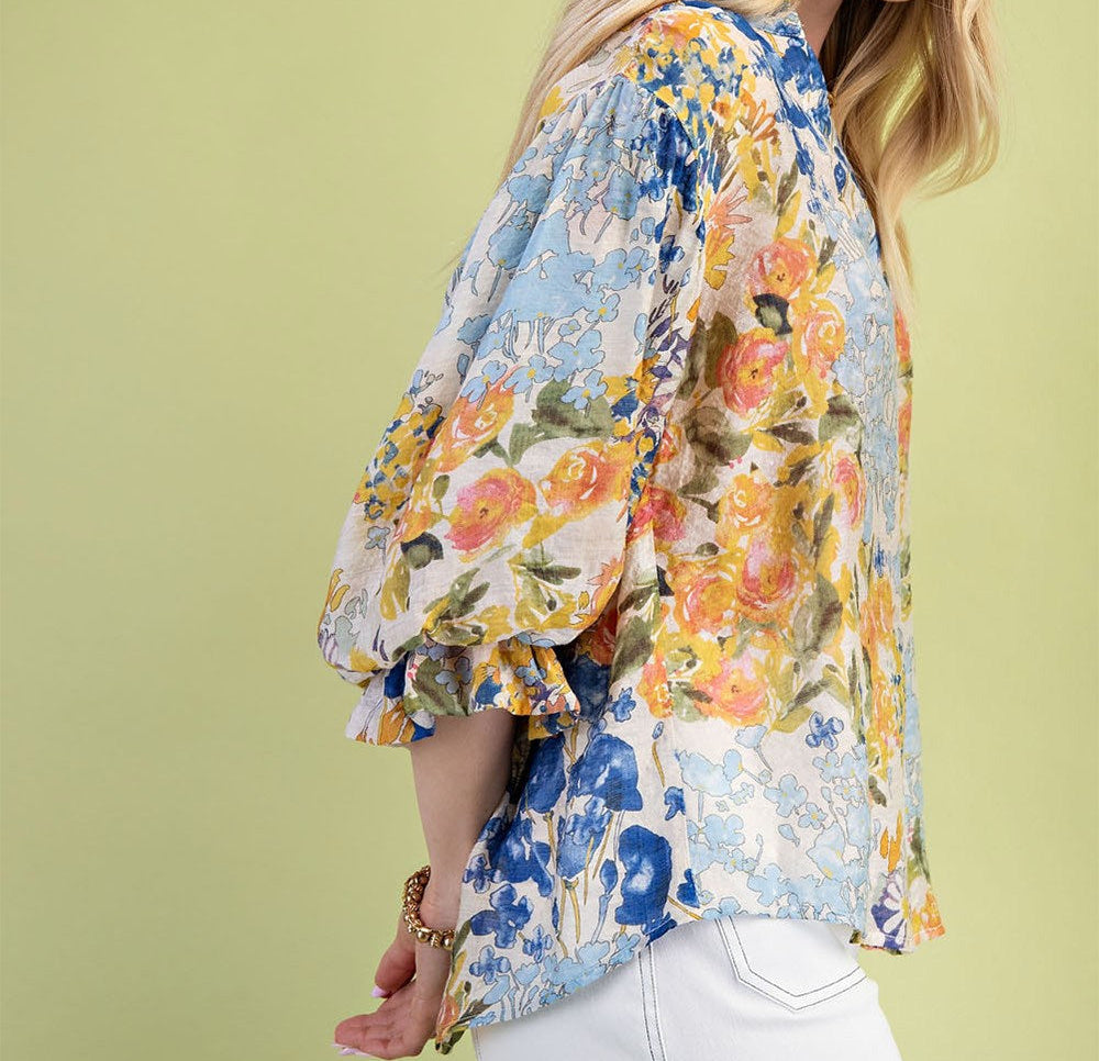 Gigio Plus Size Floral Printed Button Down Top with 3/4 Length Gathered Balloon Sleeves