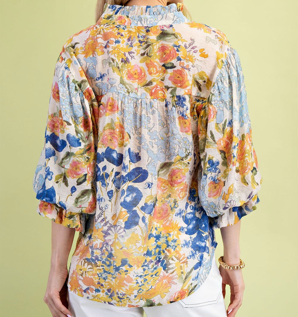Gigio Plus Size Floral Printed Button Down Top with 3/4 Length Gathered Balloon Sleeves