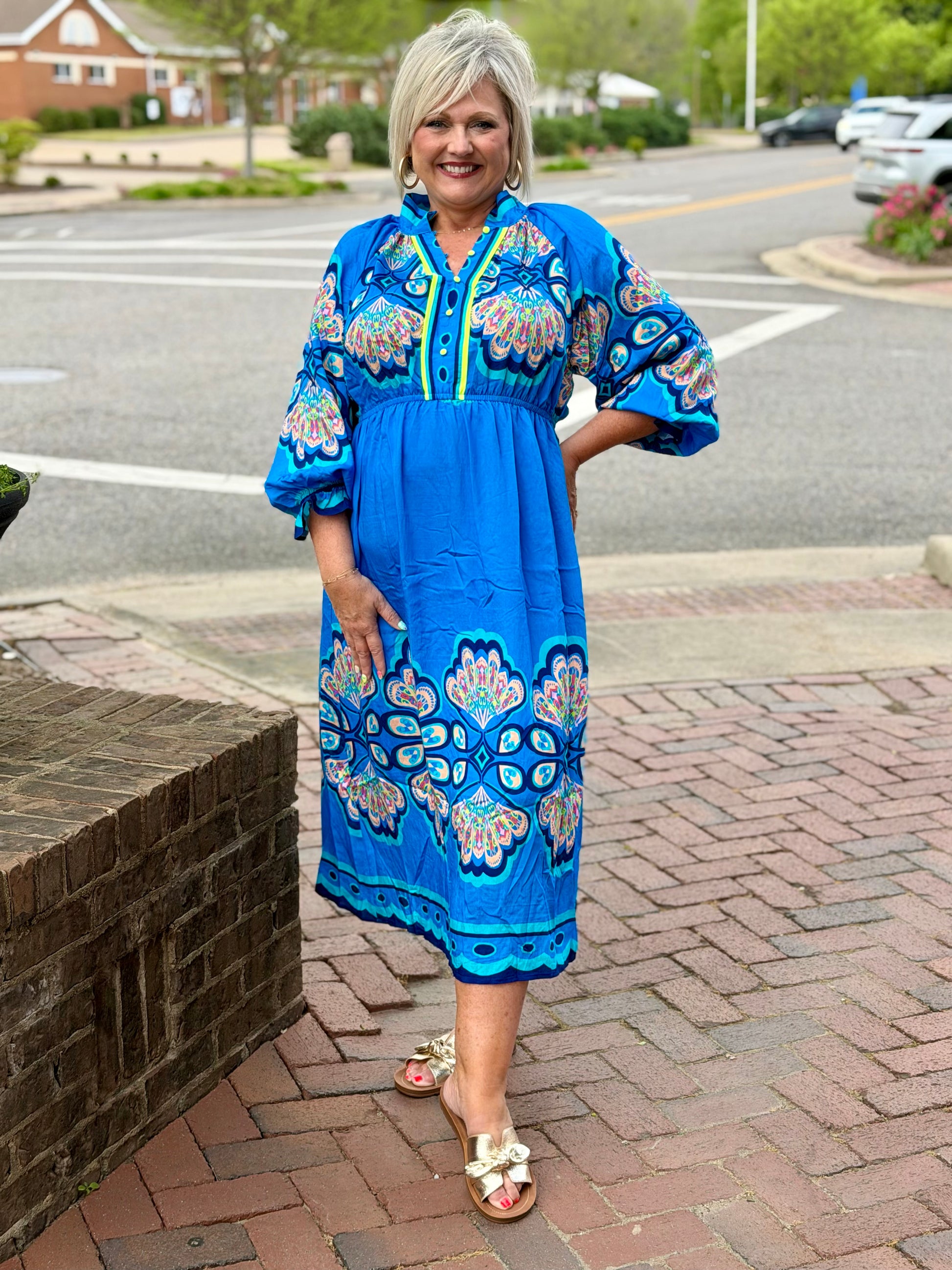Umgee Cerulean Border Print Midi Dress