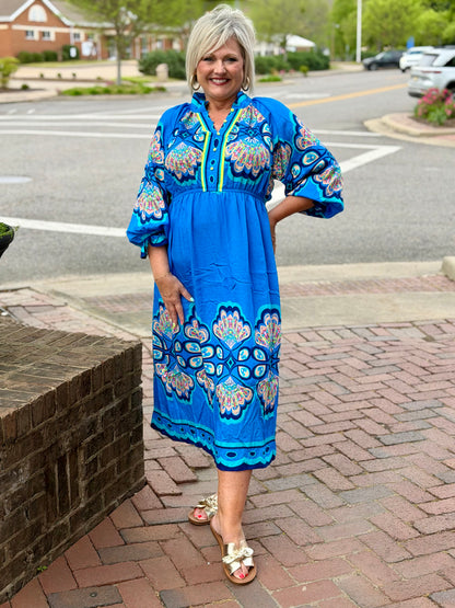 Umgee Cerulean Border Print Midi Dress