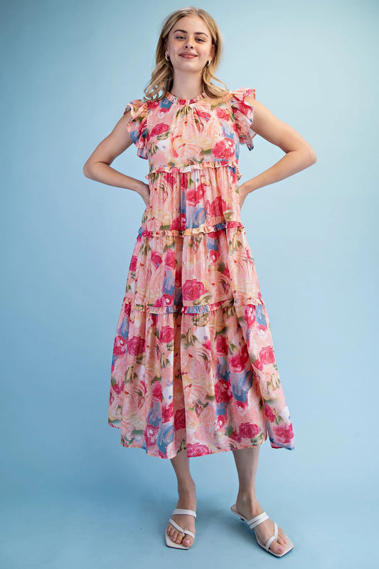 Gigio Rose Print Tiered Midi Dress with Ruffle Details
