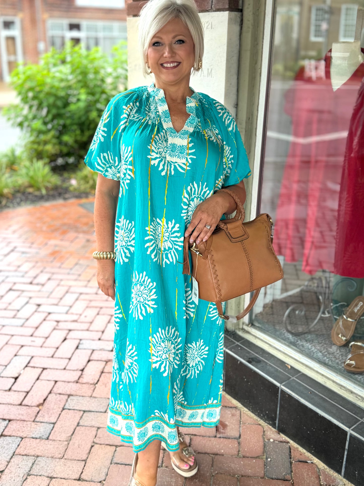 Umgee Turquoise Collar Smocked V-Neck Midi Dress