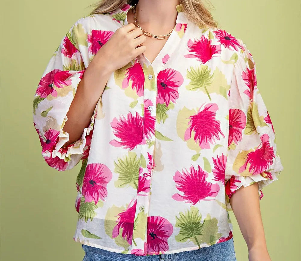 Gigio Plus Size Strawberry Bright Floral Printed Button Down Top
