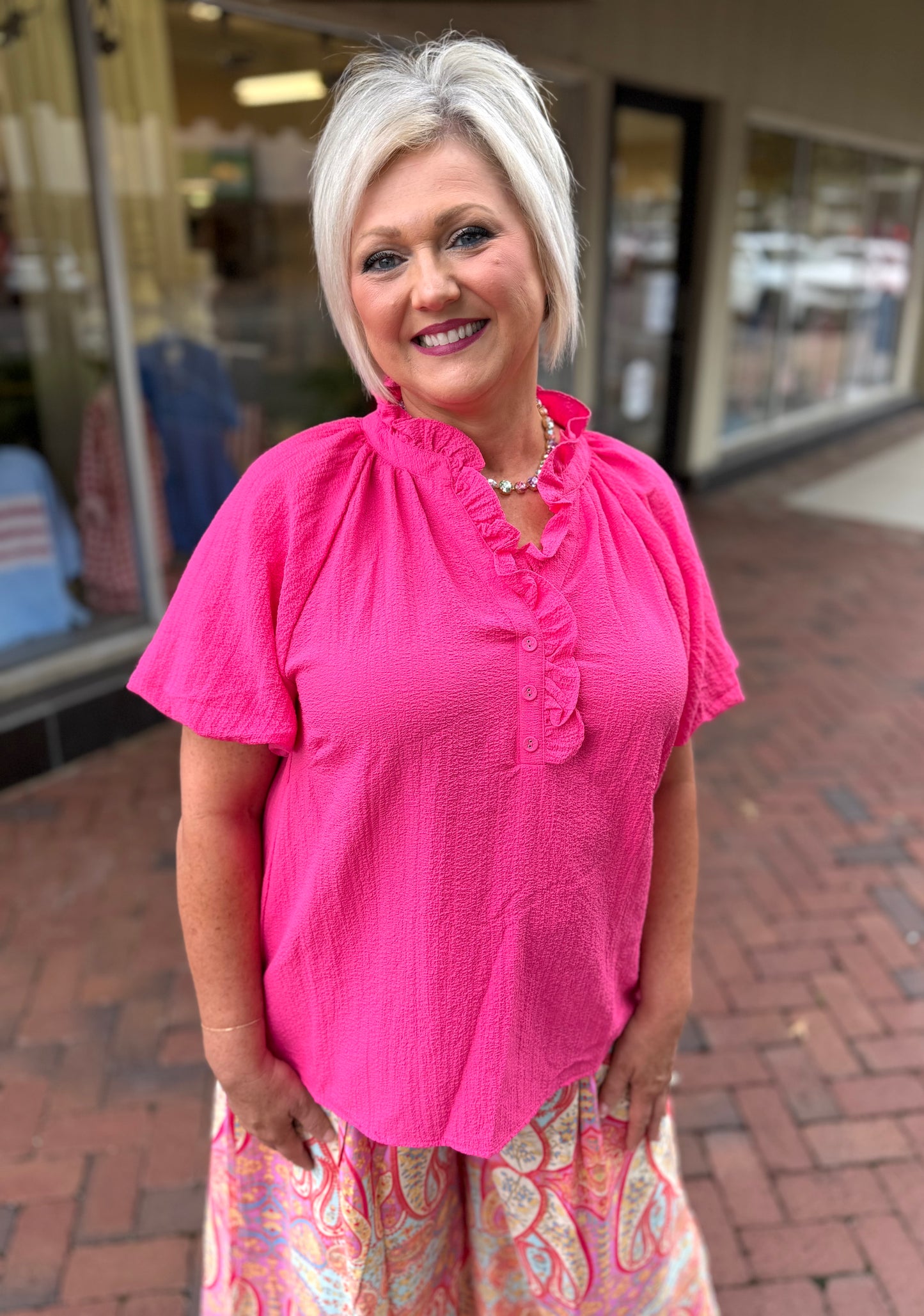 Umgee Fuchsia Ruffle Neck Tunic Top