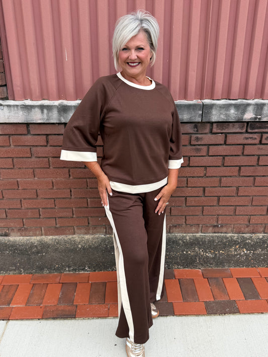 Umgee Coco Brown LUXEKNIT Colorblock Side Stripe Straight Pants 29"