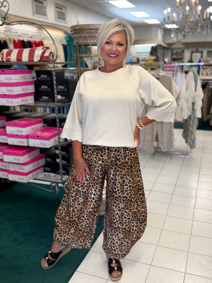 Umgee Leopard Print Bubble Hem Wide Leg Pants
