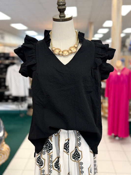 Umgee Black Textured Ruffle Sleeve V-Neck Blouse
