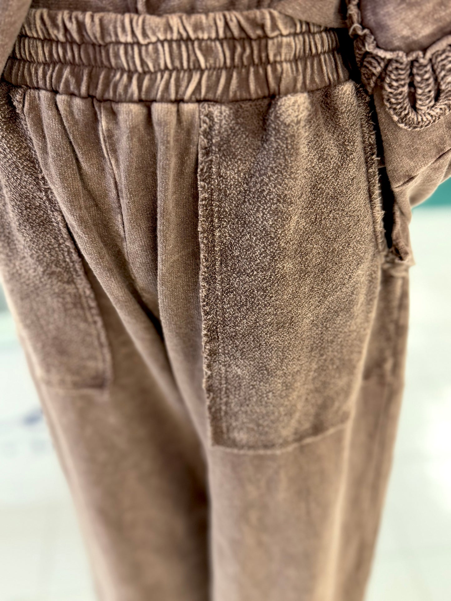 J. Her Chocolate Mineral Washed Cotton Trim Patched Raw Hem Pants
