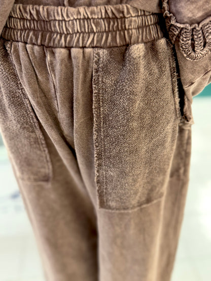 J. Her Chocolate Mineral Washed Cotton Trim Patched Raw Hem Pants