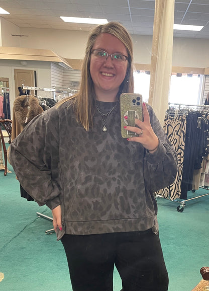 Fantastic Fawn Leopard Print Charcoal Leopard Print French Terry Pullover