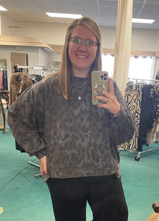 Fantastic Fawn Leopard Print Charcoal Leopard Print French Terry Pullover