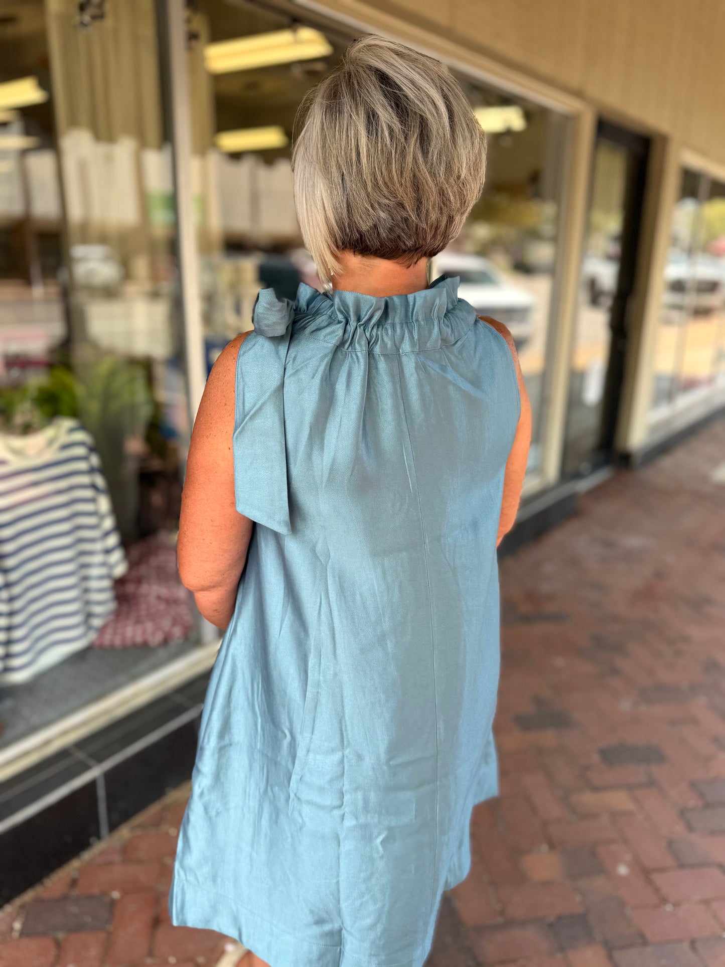 Glam Tie Round Ruffle Neck Sleeveless Mini Dress