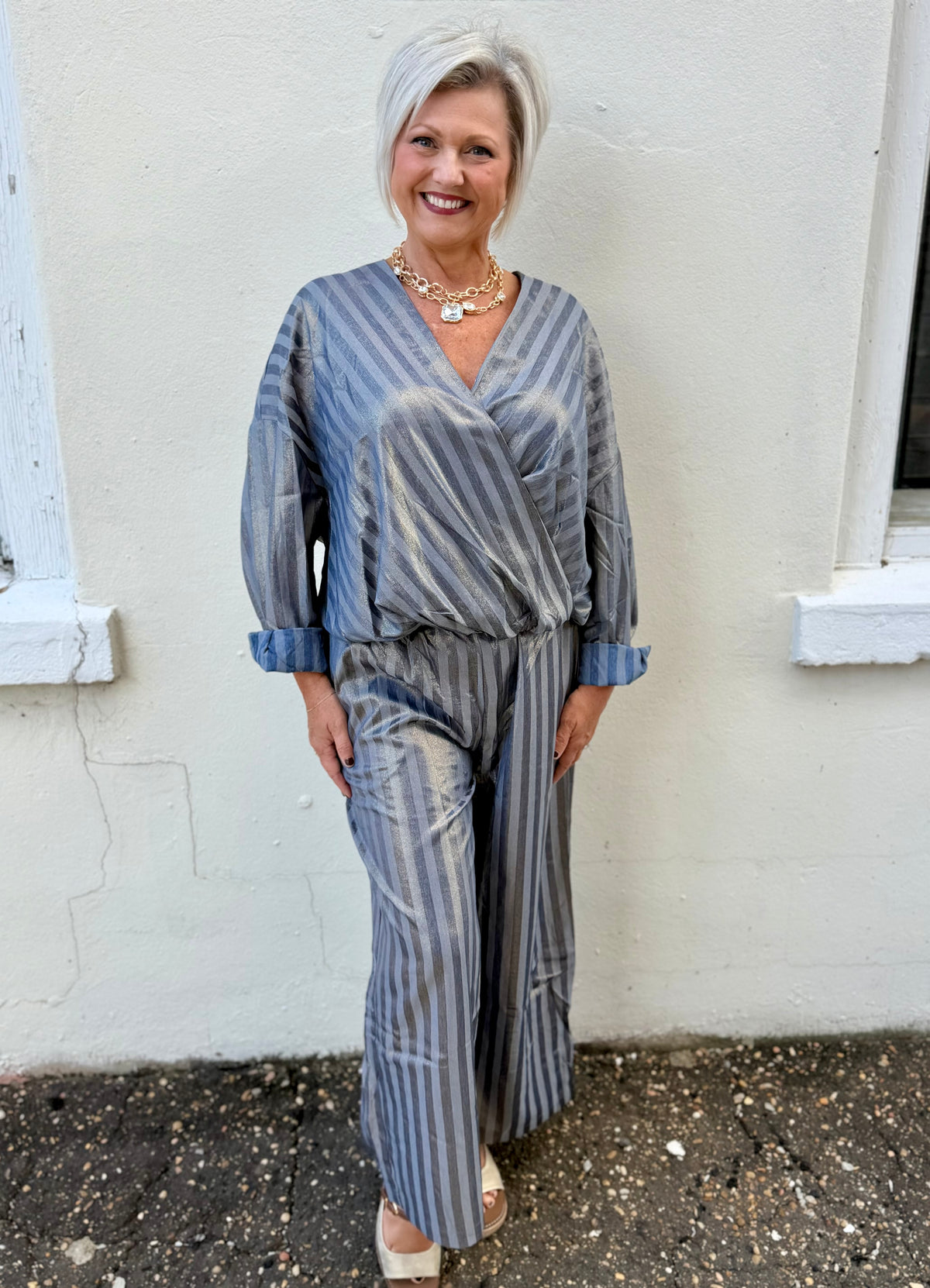 Glam Indigo High Waist Wide Leg Metallic Stripe Pants