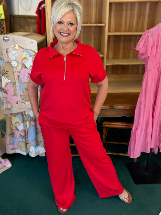 ZENANA RUBY SCUBA HIGH NECK HALF ZIP TOP & PANTS SET