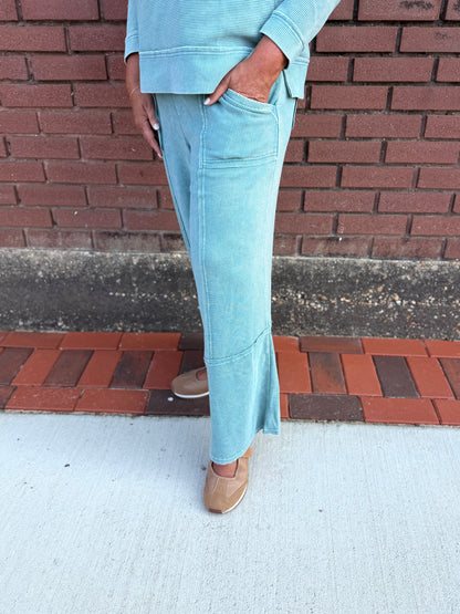Easel Faded Teal TEXTURED MINEREAL WASHED BELLBOTTOM PANTS