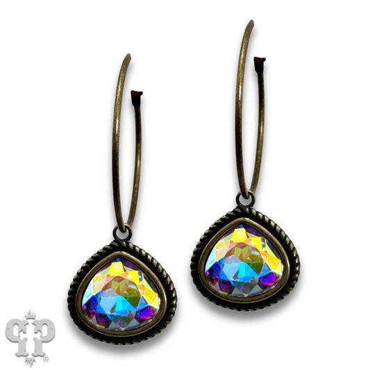 Bronze Rope edge teardrop crystal hoop earring