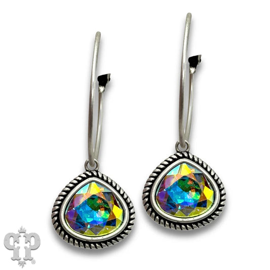 Silver Rope edge teardrop crystal hoop earring