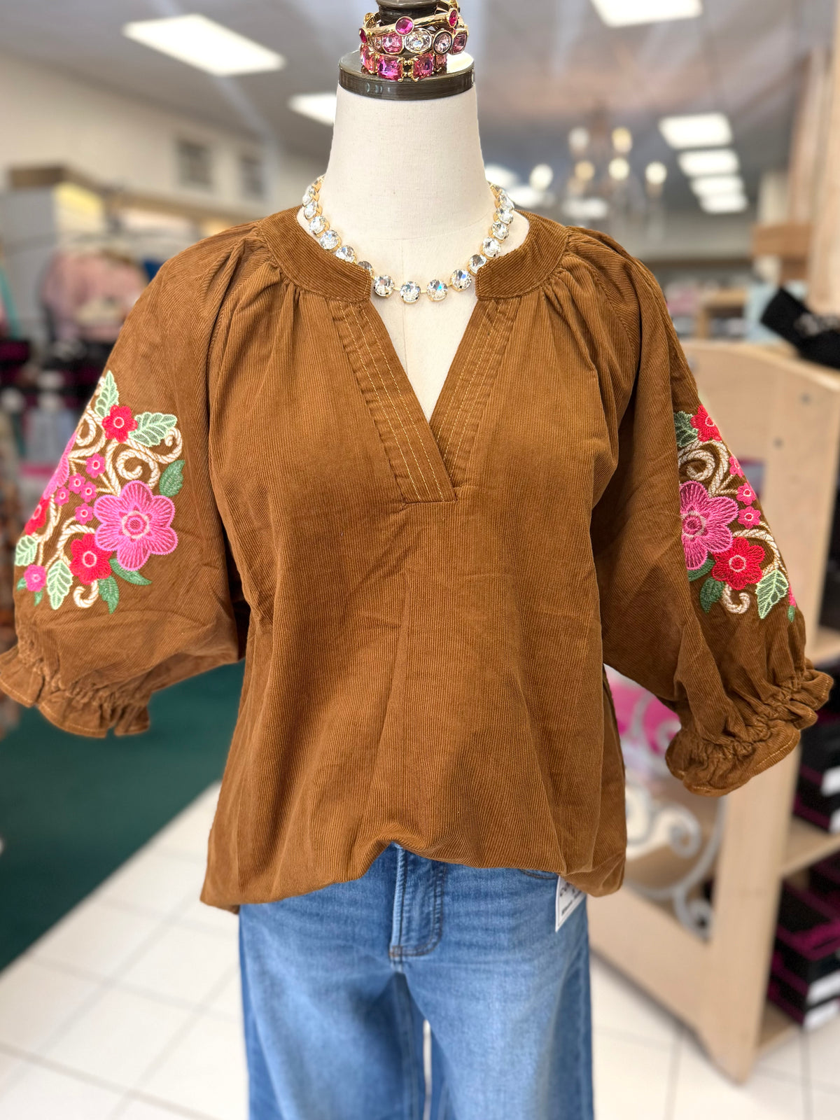 Umgee Camel Embroidered Sleeve Corduroy Blouse