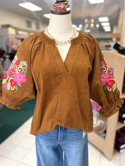 Umgee Camel Embroidered Sleeve Corduroy Blouse