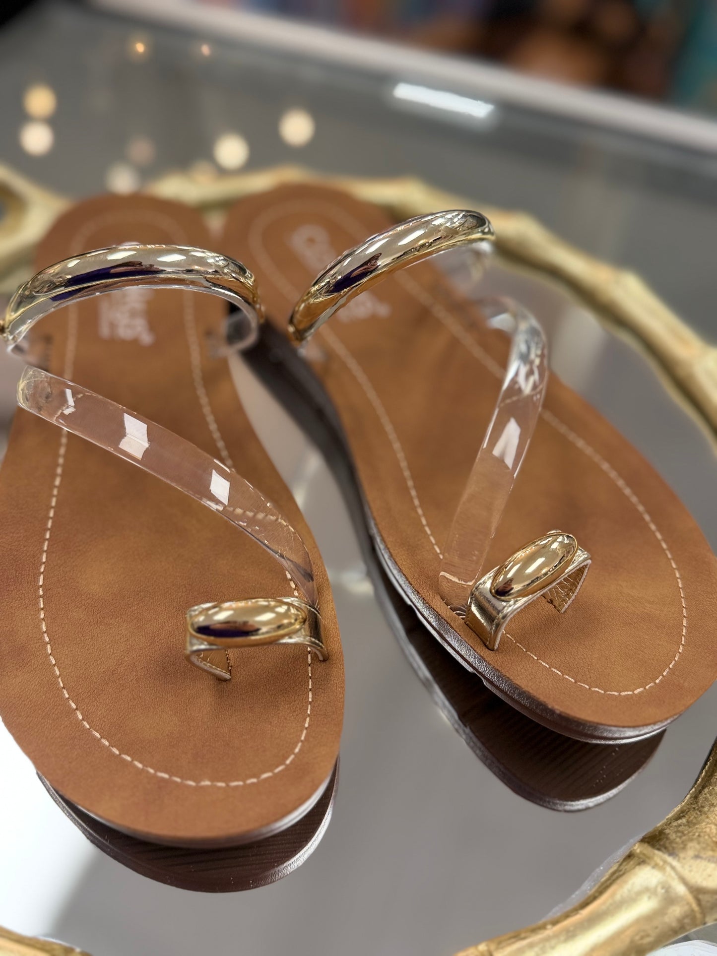 Corkys Hit The Strip Clear Flat Sandal with Gold Accents