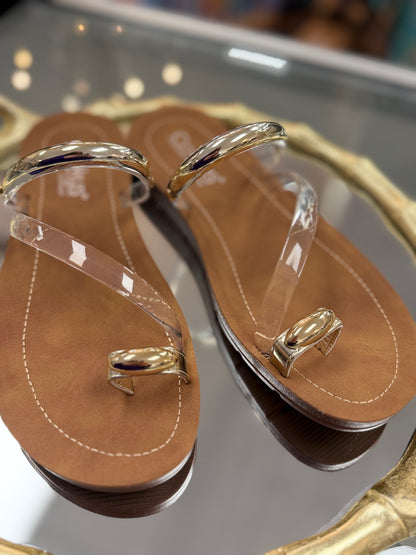 Corkys Hit The Strip Clear Flat Sandal with Gold Accents