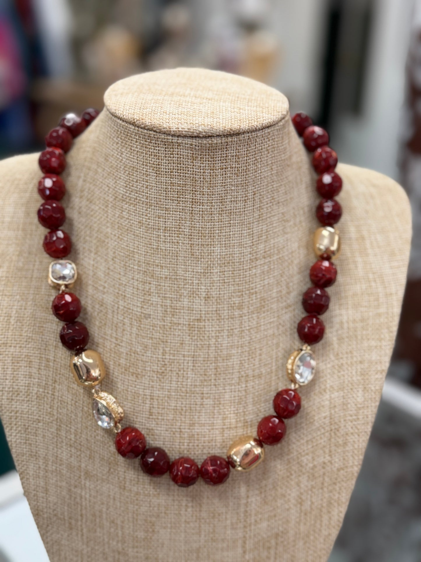 Crimson and Gold Natural Stone 8mm Beaded 16"-18" Necklace