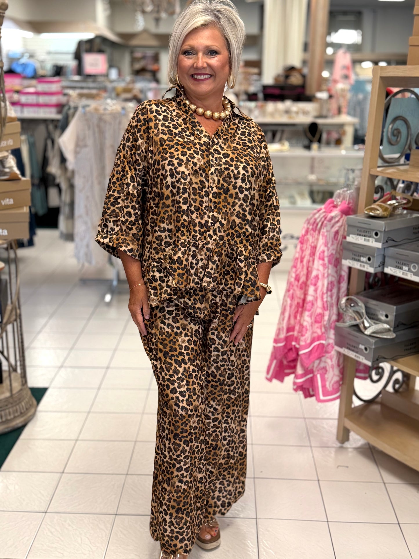 Umgee Latte Brown Leopard Print Collared Button Detail Top