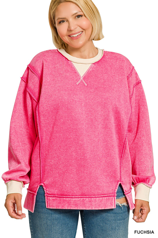 Zenana Fuchsia PLUS FLEECE ACID WASHED CONTRAST TRIM SWEATSHIRTS