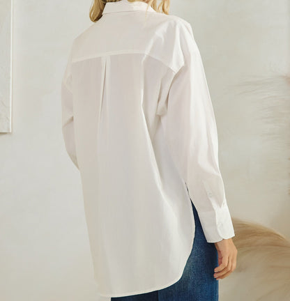 Essential White Button Down Hi-Low Cotton Long Sleeve Cotton Shirt