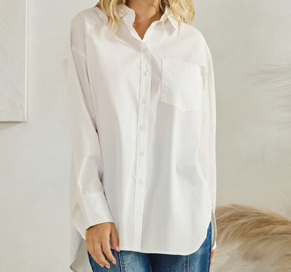 Essential White Button Down Hi-Low Cotton Long Sleeve Cotton Shirt