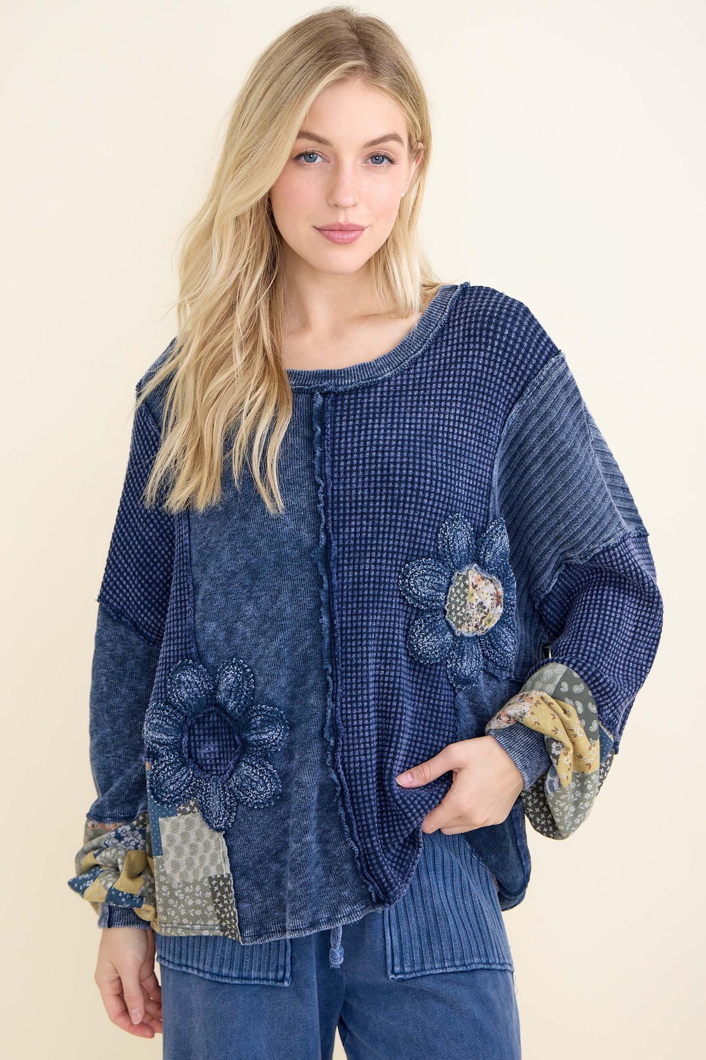 J. Her Mineral Washed Daisy Patchwork Sweater