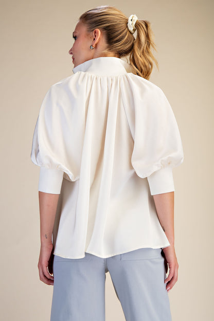 Glam Mock Neck Band Puff Sleeve Elegance Blouse