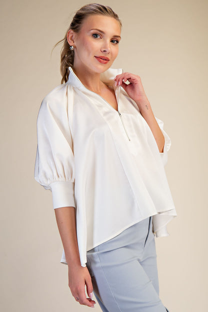 Glam Mock Neck Band Puff Sleeve Elegance Blouse