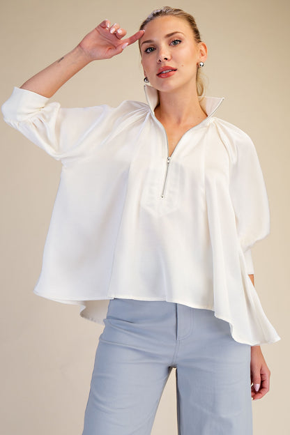 Glam Mock Neck Band Puff Sleeve Elegance Blouse