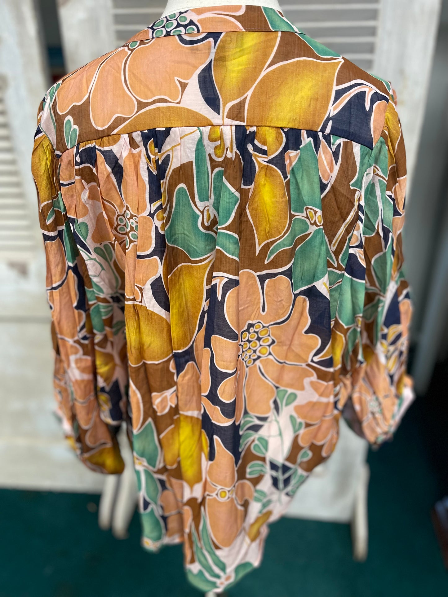Gigio Batwing Blouse with Mandarin Collar and Fabric Covered Buttons