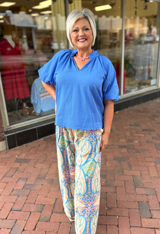 Umgee Ocean Blue Bubbled Sleeved Seersucker Top