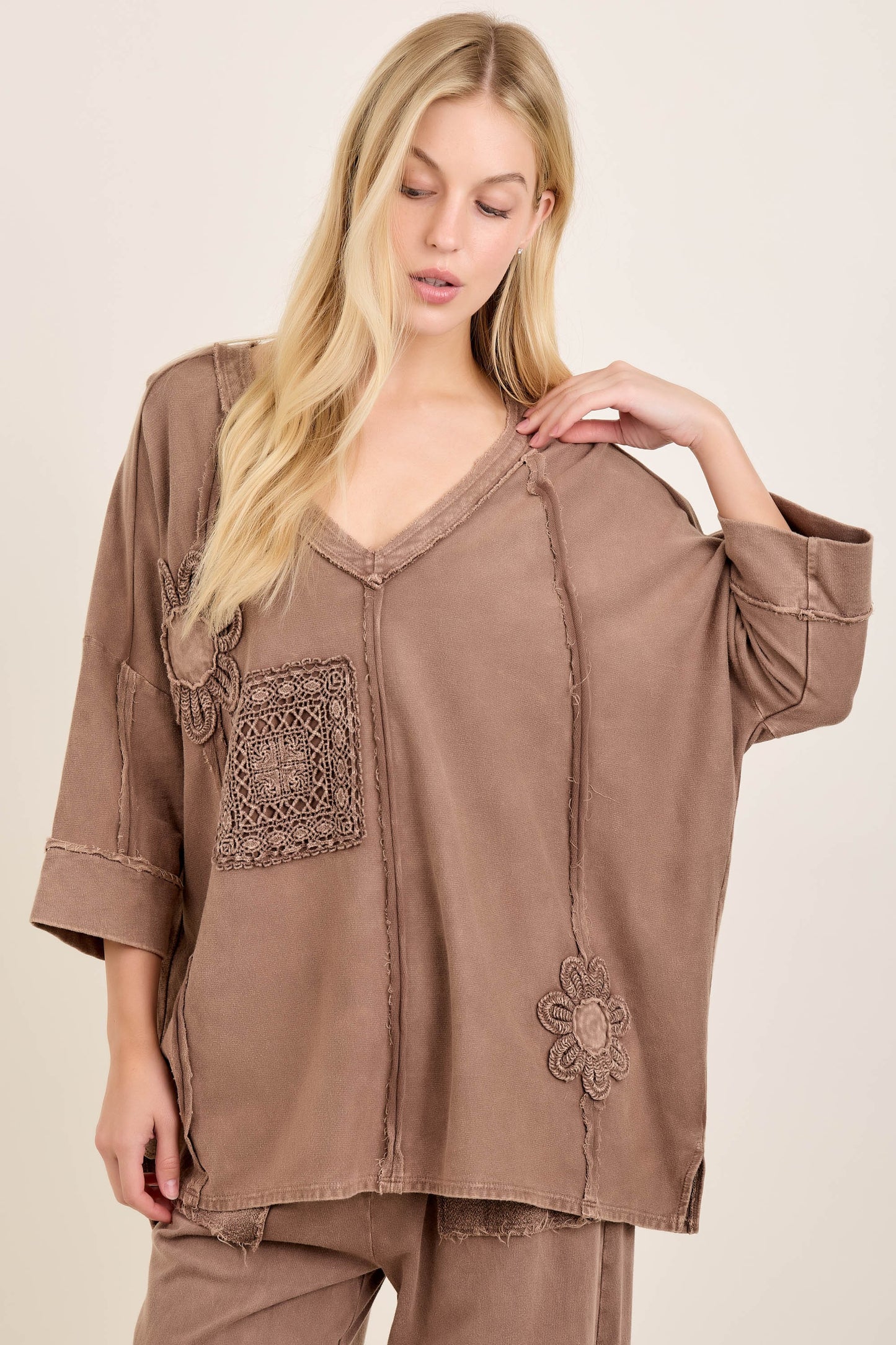 J. Her Chocolate Mineral Washed Cotton Trim Patched Raw Edge Top