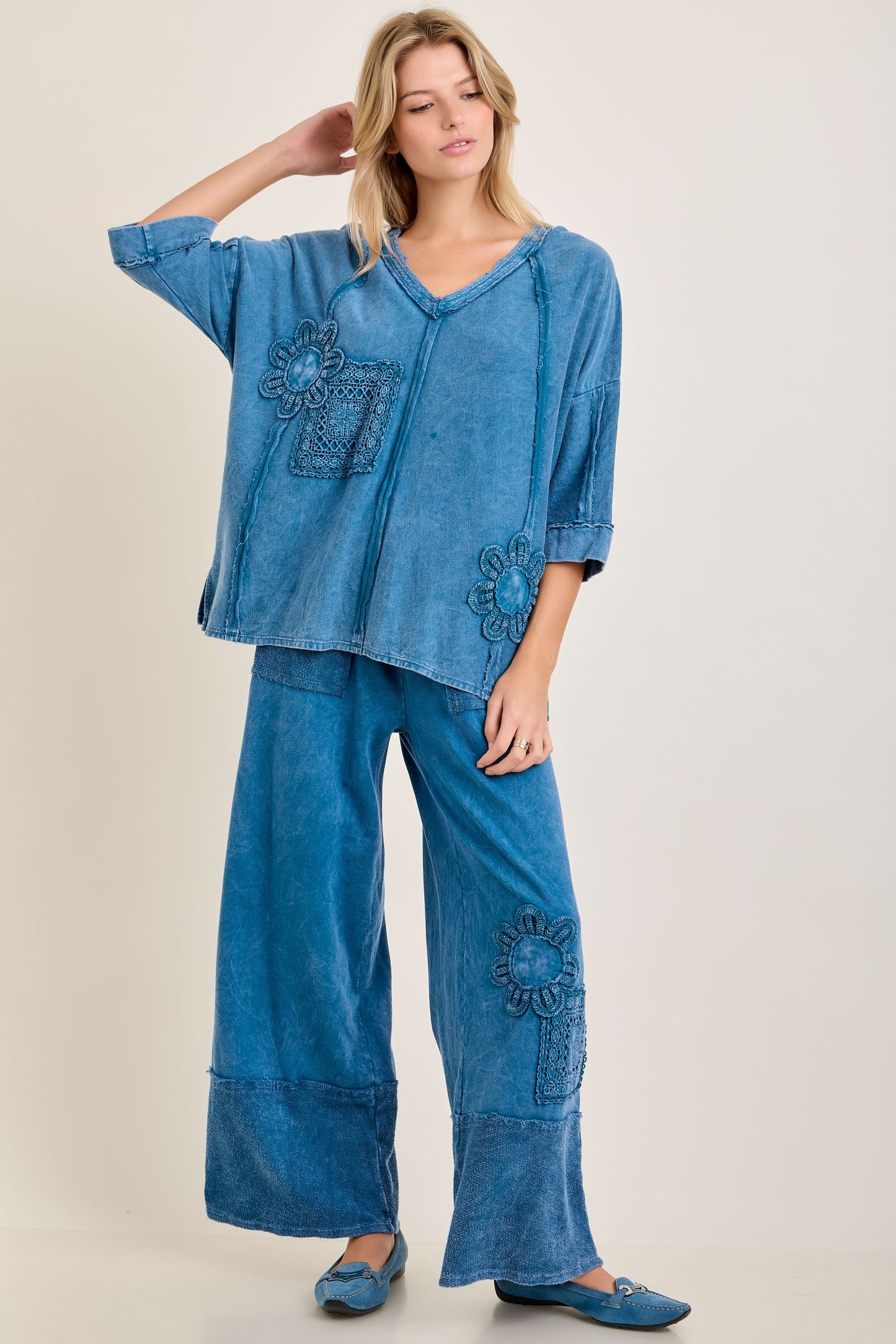 J. Her Slate Blue Mineral Washed Cotton Trim Patched Raw Edge Top